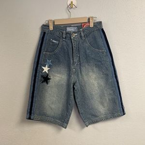 VTG 2000s Platinum Fubu Women's Harlem Globetrotters Bermuda Denim Shorts Sz 12